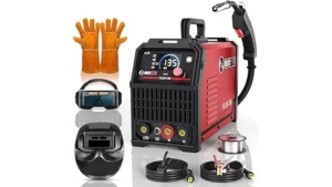 The image shows a collection of welding tools and accessories included in a flux core welding starter kit.