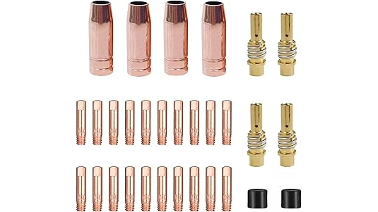 The image shows a collection of shiny copper MIG welding diffusers, highlighting top options.
