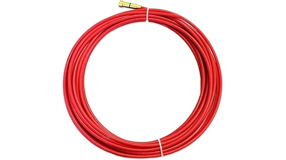 This image shows multiple shiny, white Teflon liners for MIG welding guns, essential for smooth wire feeding.