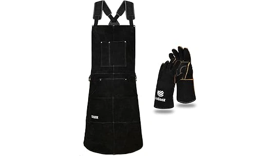 The image shows several durable welding aprons hanging, showcasing options from the Best 10 Welding Aprons for Shop Use.