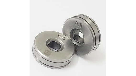 The image shows a selection of ten different knurled drive rolls for welding machines, ideal for various projects.