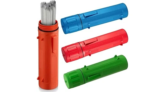 The image shows several different electrode drying containers designed for welding work.