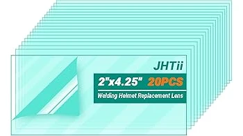 The image shows a variety of clear and tinted welding helmet replacement lenses for protection.
