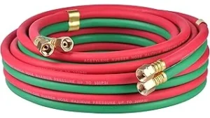 The image shows several durable, brightly colored acetylene welding hoses for replacement.