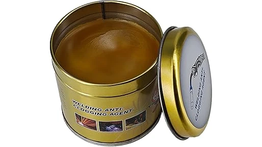 The image shows a close-up of several containers of popular anti-spatter gel for welding.