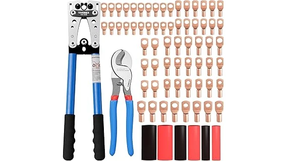 This image shows a set of high-quality welding cable lug crimp kits arranged neatly for display.