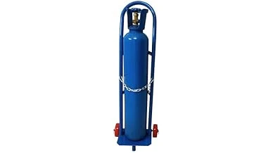 The image shows a welding cart holding gas cylinders secured with sturdy chains.