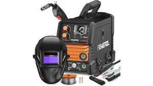 The image shows a comprehensive collection of tools and equipment for a welding starter kit.