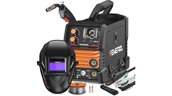 The image shows a comprehensive collection of tools and equipment for a welding starter kit.