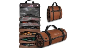The image shows a Best Selling 10 Welding Tool Roll Bag neatly organized with various welding tools inside.