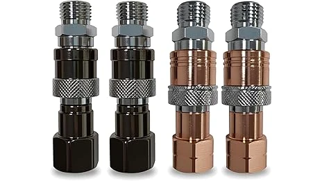 This image shows a variety of high-quality welding torch quick disconnect fittings arranged neatly.