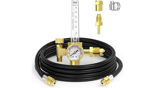 The image shows a heavy-duty argon welding gas regulator, a top choice for popular welding equipment.