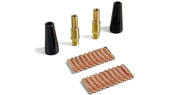 The image shows a neatly arranged collection of assorted contact tips for a popular MIG welding kit.