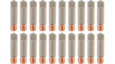 The image shows a close-up of several shiny copper alloy MIG welding contact tips, likely from the Most Popular 10 list.