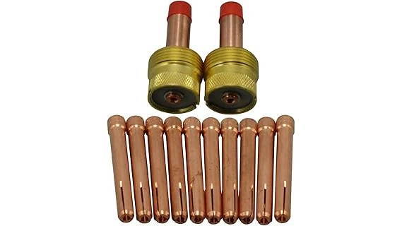 The image shows a selection of popular TIG gas lens collet bodies, essential welding components.