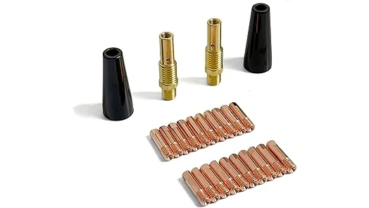 The image shows an assortment of welding contact tips in various sizes for different welding needs.