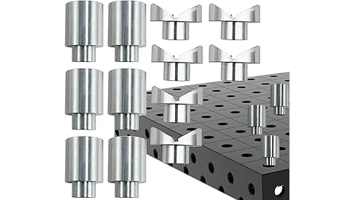 The image shows a collection of sturdy metal stop blocks designed for welding tables.