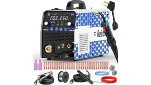 The image shows several modern mig welding machines displayed together for a review.