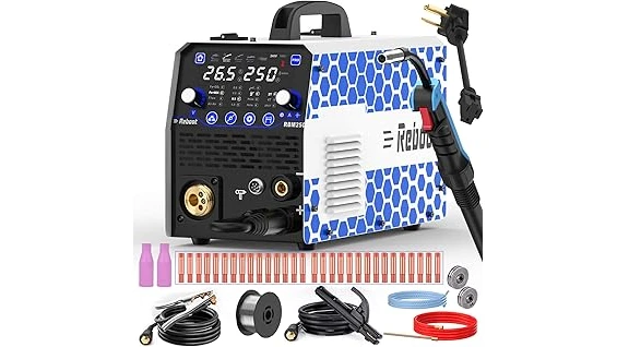 The image shows several modern mig welding machines displayed together for a review.