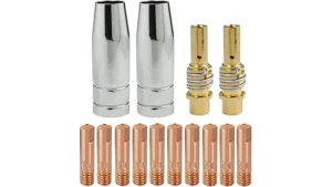 The image shows a variety of essential MIG welding gun consumables for a top 10 kit.