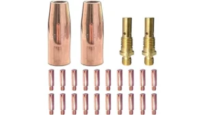 The image shows a curated collection of essential tools for maintaining a mig welding setup.