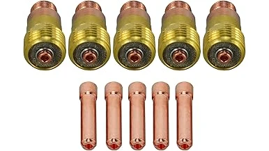 The image shows a close-up of a TIG welding torch assembly with a gas lens.