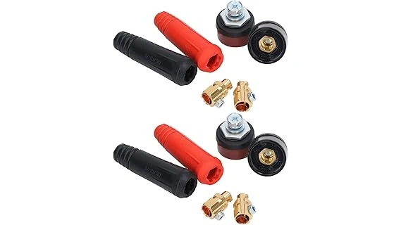 The image shows a collection of welding cable connector kit components neatly arranged for review.