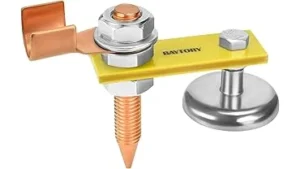 The image shows a magnetic welding ground clamp, a key tool for electrical grounding in fabrication.