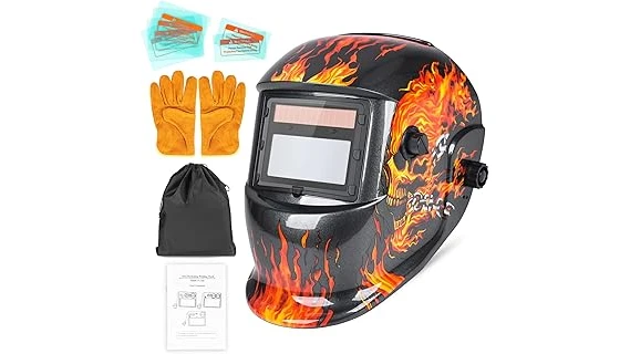 The image shows a welding helmet kit featuring a mask, gloves, and safety glasses.