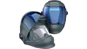 The image shows a selection of modern welding helmets with adjustable shades for various welding needs.