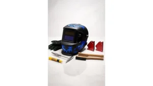 The image shows a sleek auto darkening welding helmet kit, ideal for any welding project.