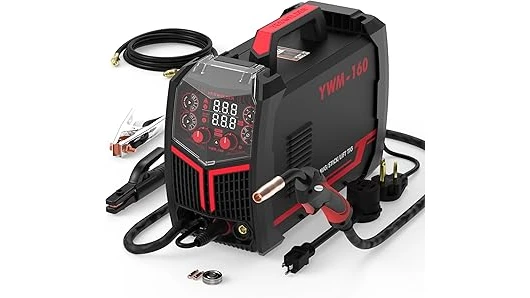 The image shows a collection of top-rated, compact MIG welders suitable for 120-volt power outlets.