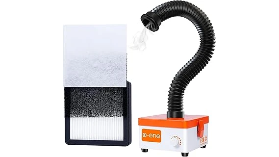 The image shows a portable welding fume extractor kit with a flexible hose, ready for efficient air purification.