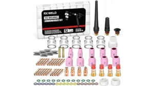 The image shows a Tig gas lens kit with several collet bodies and cups, essential for quality welding.
