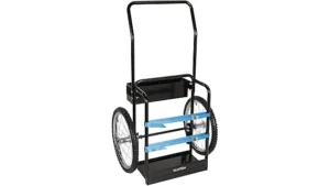 The image shows a sturdy welding gas cylinder cart holding two large tanks, ideal for organization.