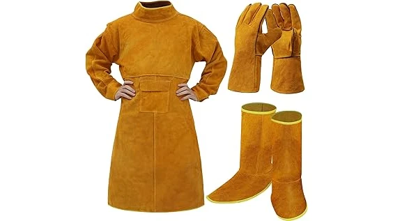 The image shows a welding personal protection kit including helmet, gloves, and apron.