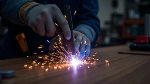 This image shows a technician troubleshooting a common TIG welder malfunction with quick repair steps.