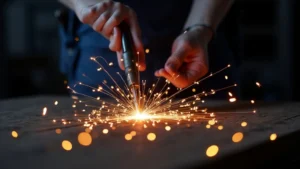 The image shows a close-up of a stick welder dial, demonstrating how to adjust stick welder current correctly.