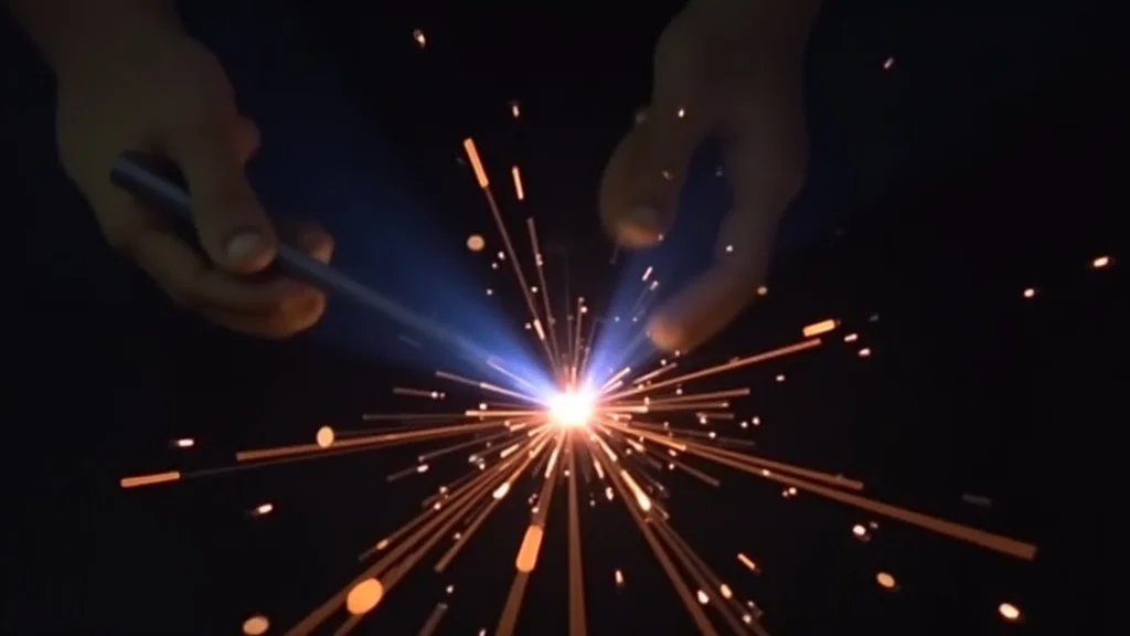 This image shows a TIG welder's tungsten electrode angled precisely for arc control.