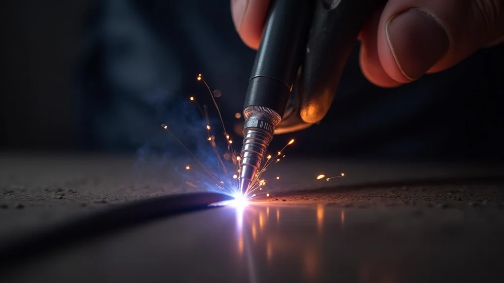 The image shows a TIG welder's tungsten electrode being adjusted for correct setup in a welding process.