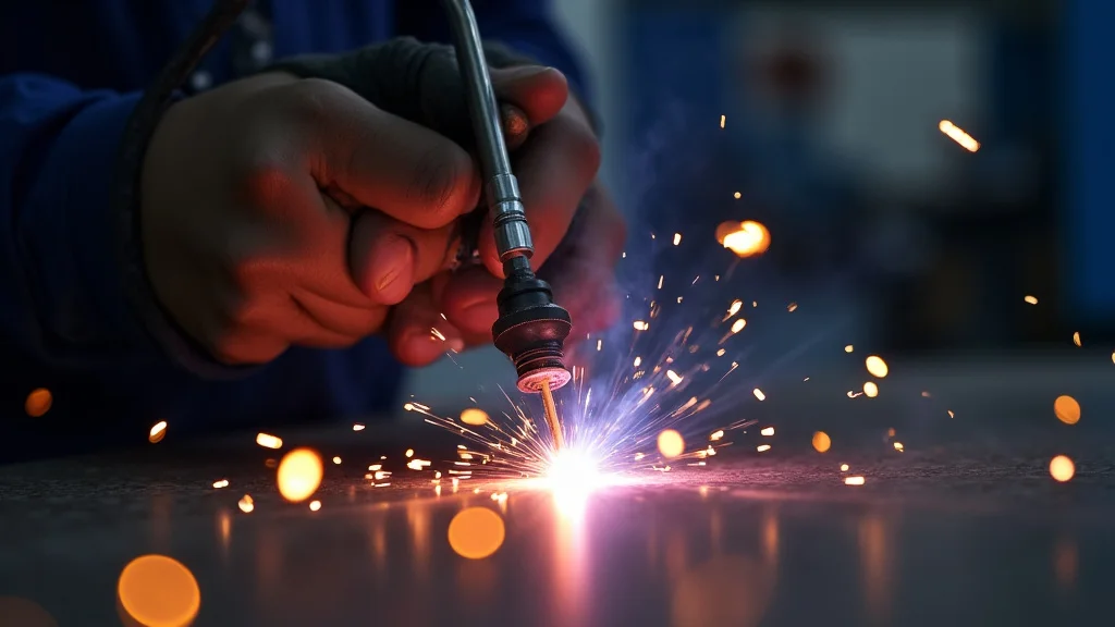 The image shows a close-up of a TIG welding torch adjusting current for precise control.