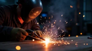 The image shows a close-up of a Mig welder wire feed speed control dial, illustrating how to adjust it.