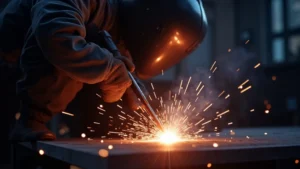 The image shows a welder wearing protective gear, demonstrating how to avoid welding sparks on metal.