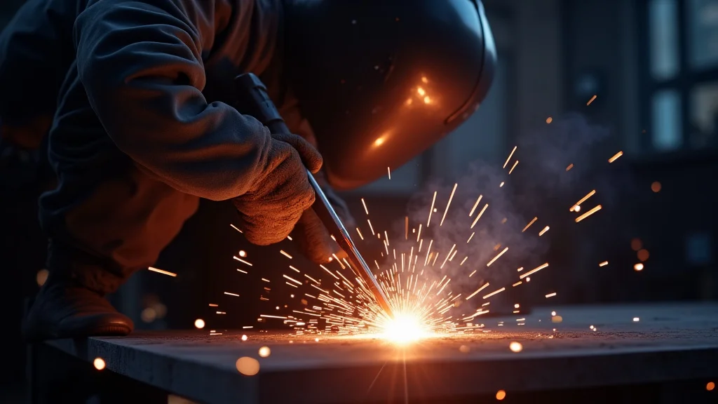 The image shows a welder wearing protective gear, demonstrating how to avoid welding sparks on metal.