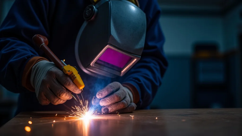 The image shows a welder wearing a modern auto-darkening helmet, illustrating choices for a welding helmet.