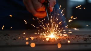 This image shows a stick welder rod being used, illustrating how to prevent sticking.