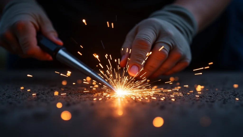 The image shows a close-up of a stick welder rod being used to prevent sticking during welding.