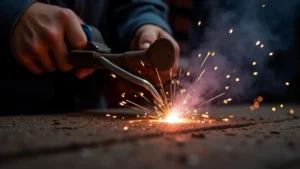 The image shows a MIG welder's ground clamp securely attached to a metal workpiece for proper grounding.