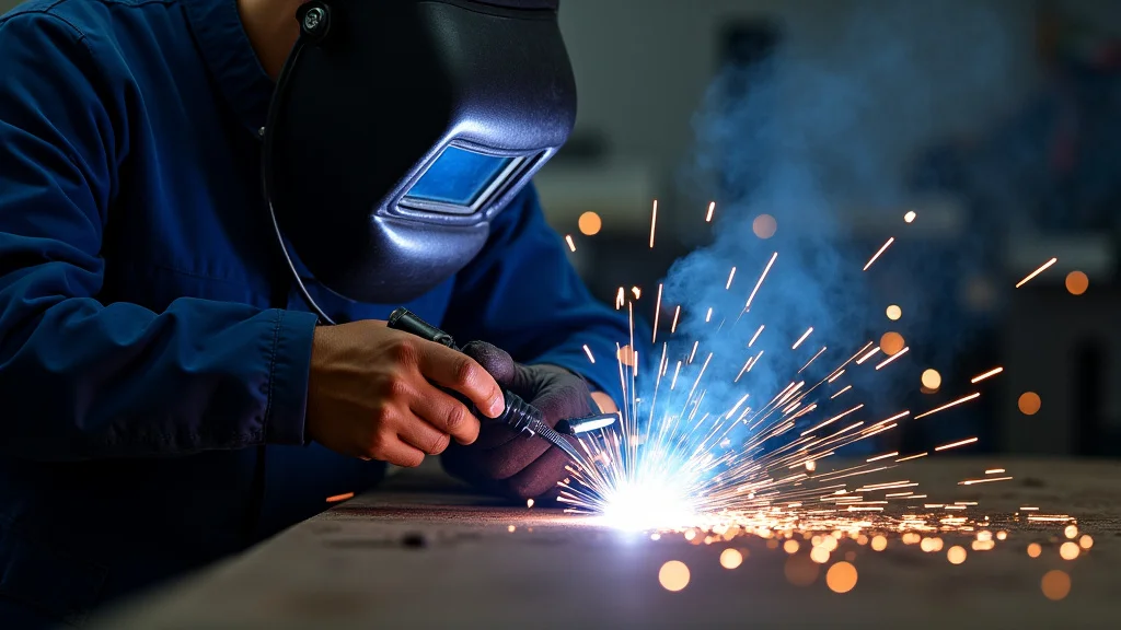 The image shows a welder wearing a respirator, highlighting how to protect yourself from welding fumes.