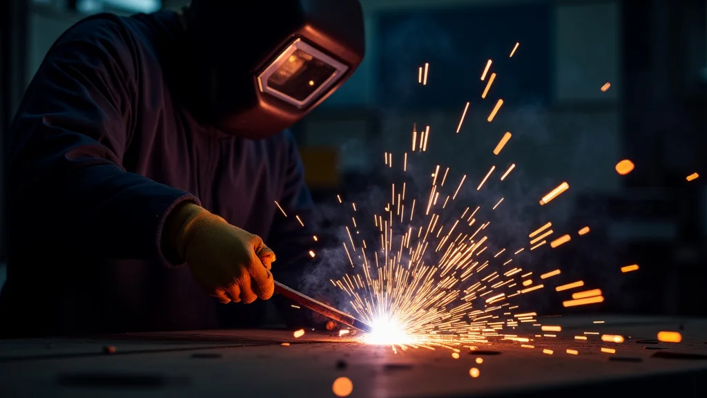 The image shows a welder wearing protective gear, illustrating how to protect yourself from welding sparks.